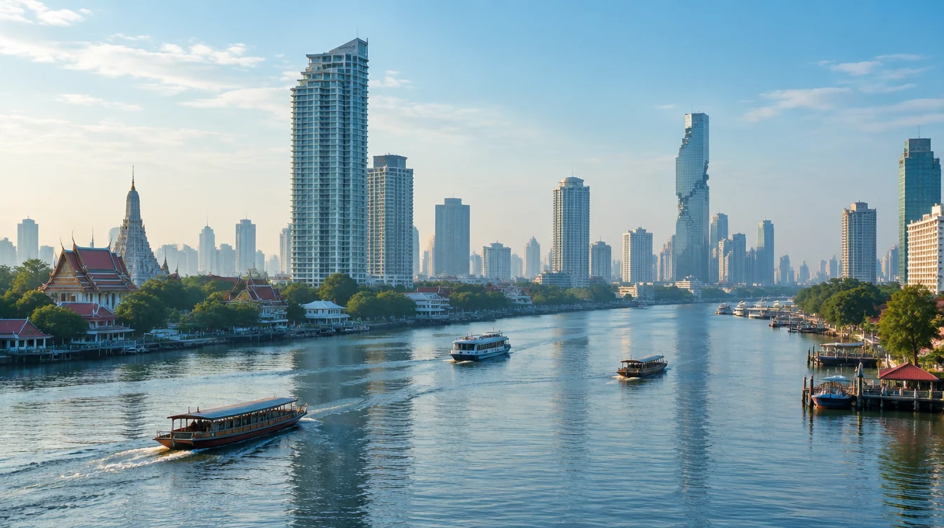 AI-generated illustration inspired by the Bangkok skyline and Chao Phraya River.