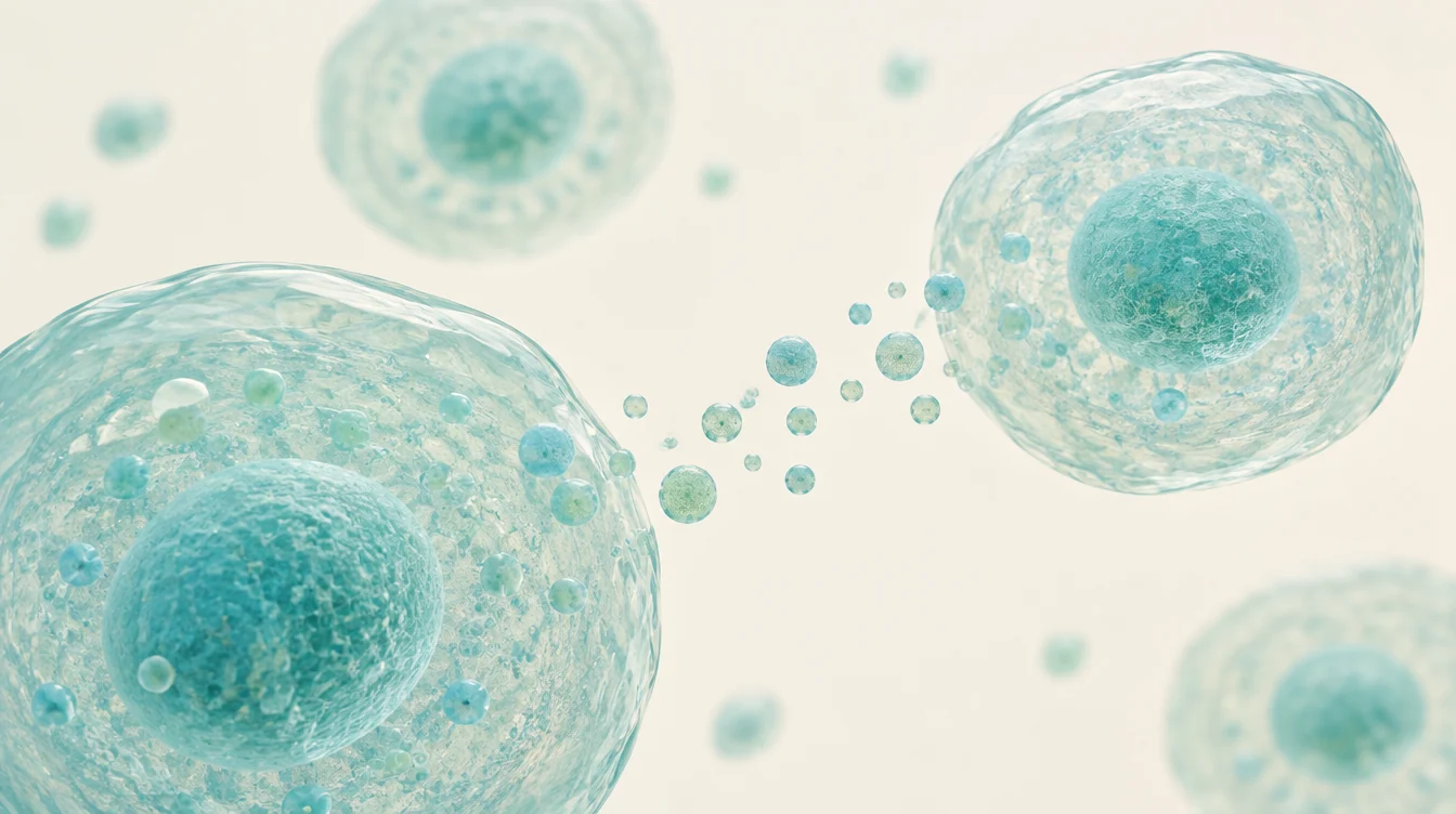 AI-generated conceptual illustration of cells and extracellular vesicles.