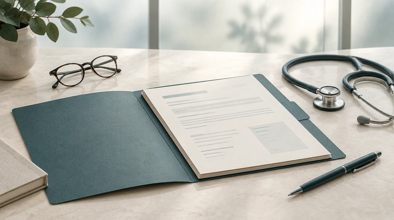 AI-generated still life of a records folder, glasses and stethoscope.